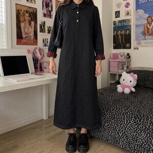 Denim & Co. Black Plaid Maxi Dress Collared Size Small Cotton Blend Minimalist